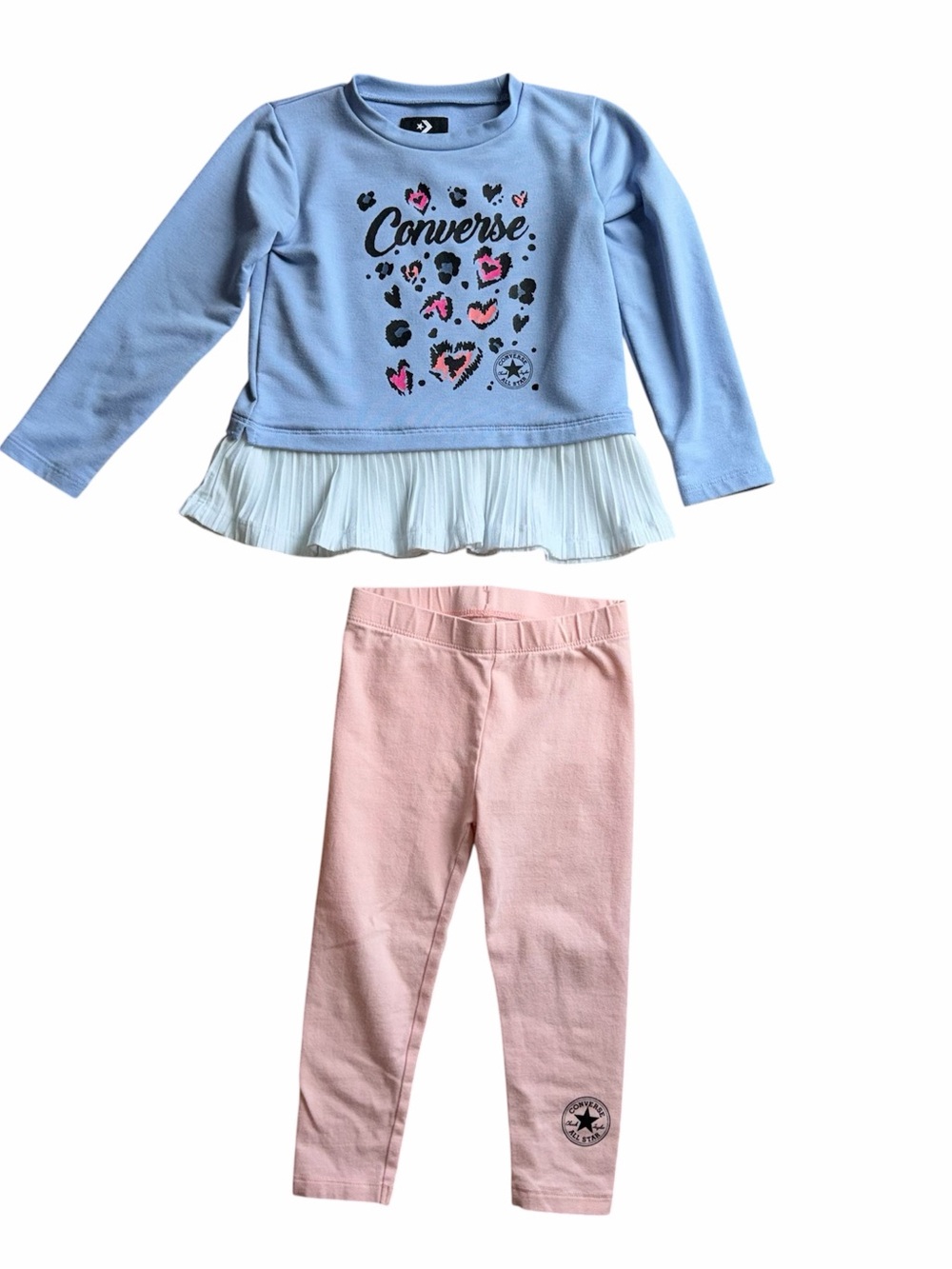 Converse Little Girls Blue Top with White Ruffle & Light Pink Leggings Set Sz 3T